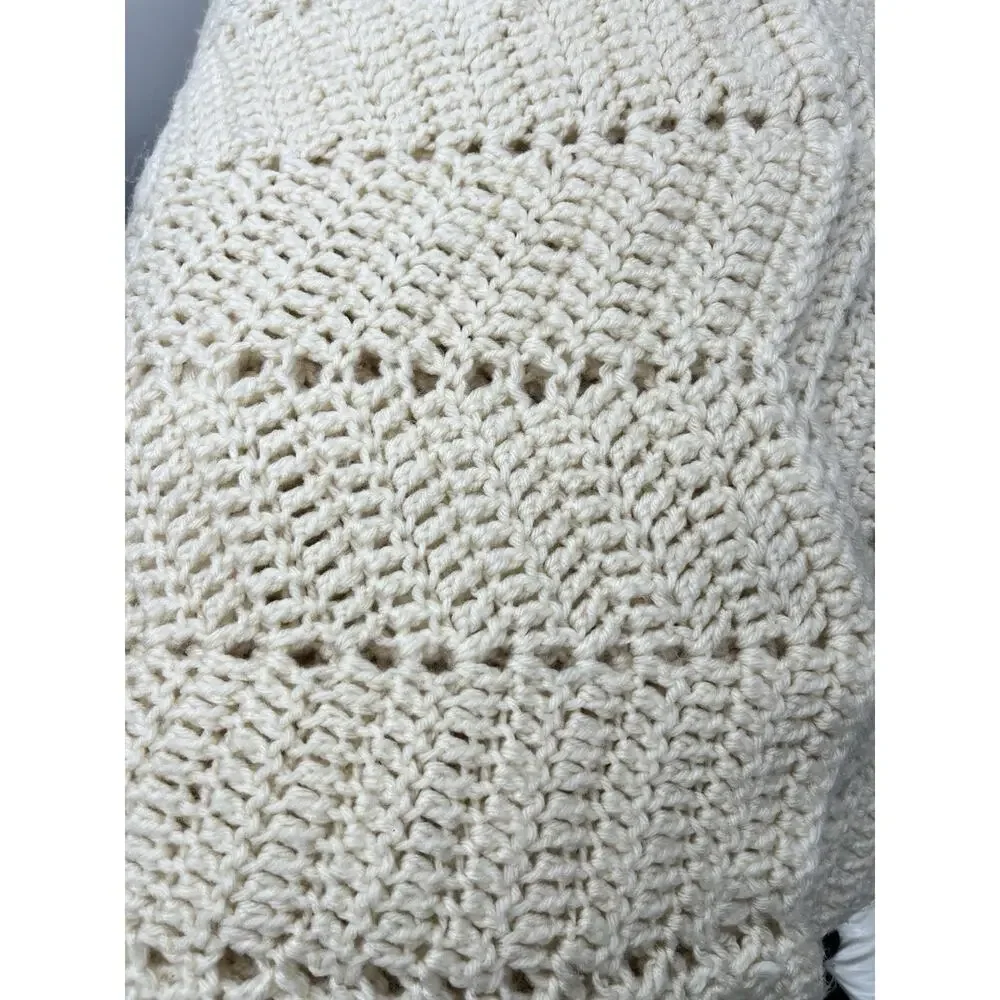 VTG Handmade Crochet Blanket Large 86x58 Cream Ivory Afghan Chevron Ripple